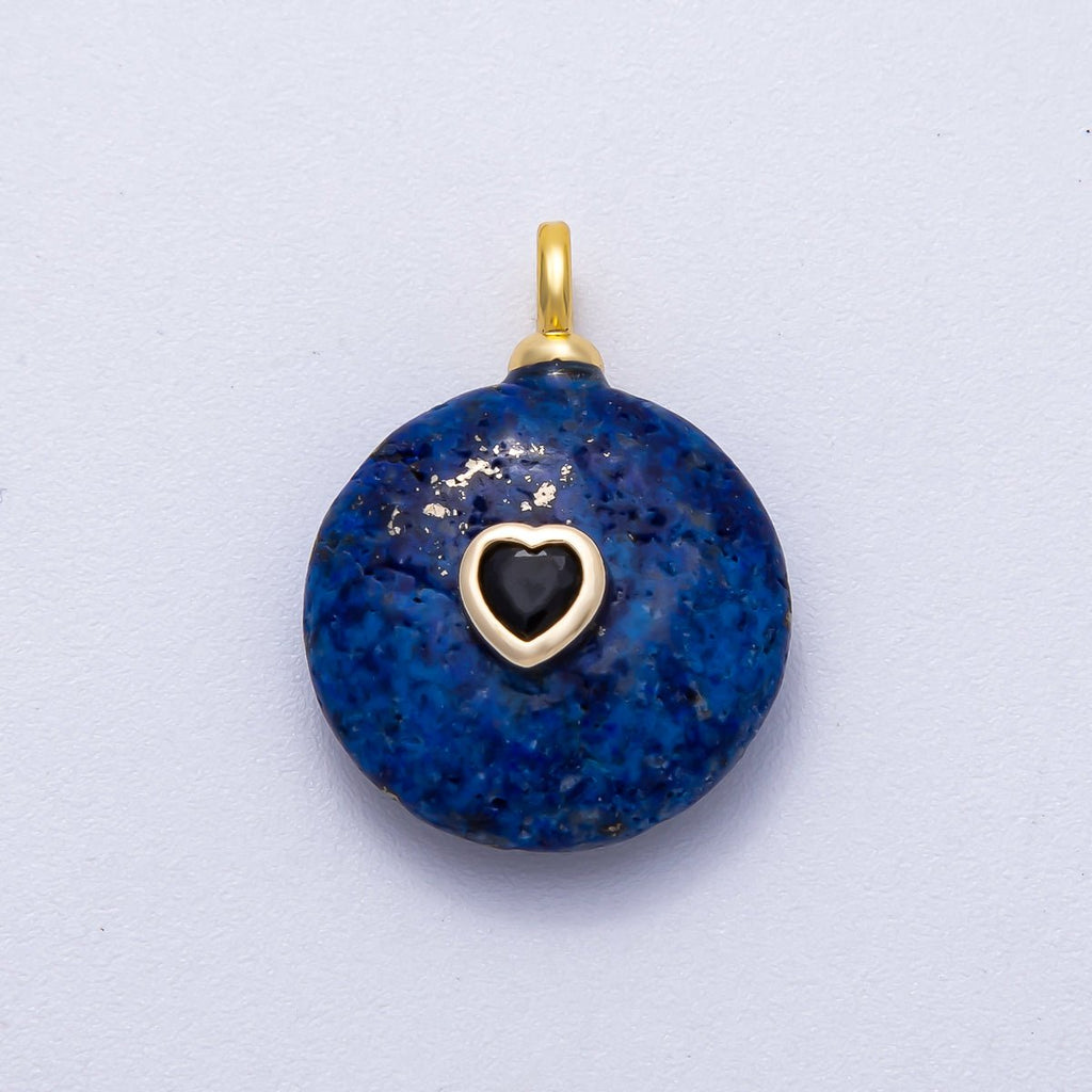 18K Gold Filled 24mm Heart CZ Embedded Natural Gemstone Round Pendant | Charms-00533 ~ Charms-00537