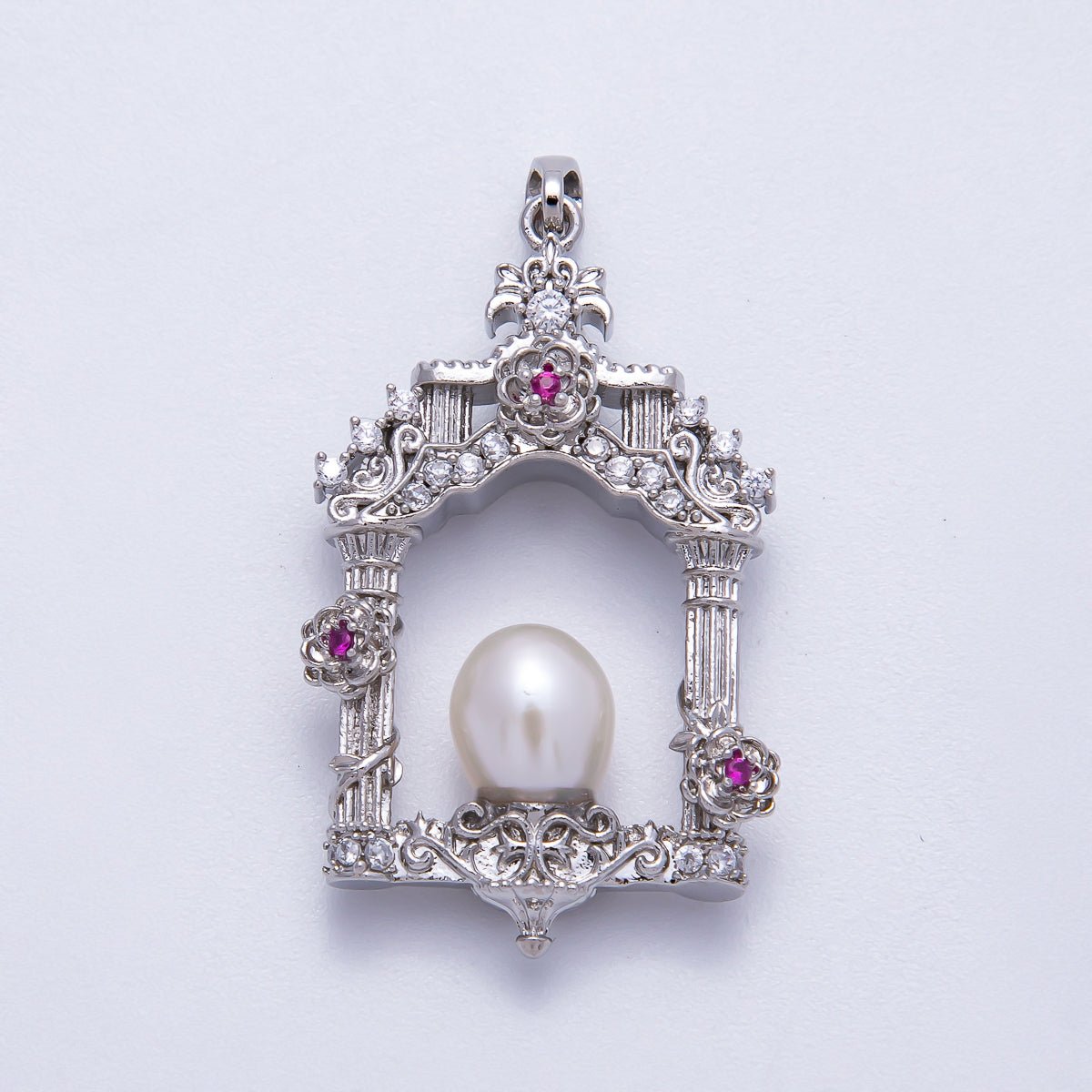 18K Gold Filled 36mm Micro Paved CZ Shell Pearl Artisan Palace Pendant in Gold & Silver | Charms-00541 Charms-00542