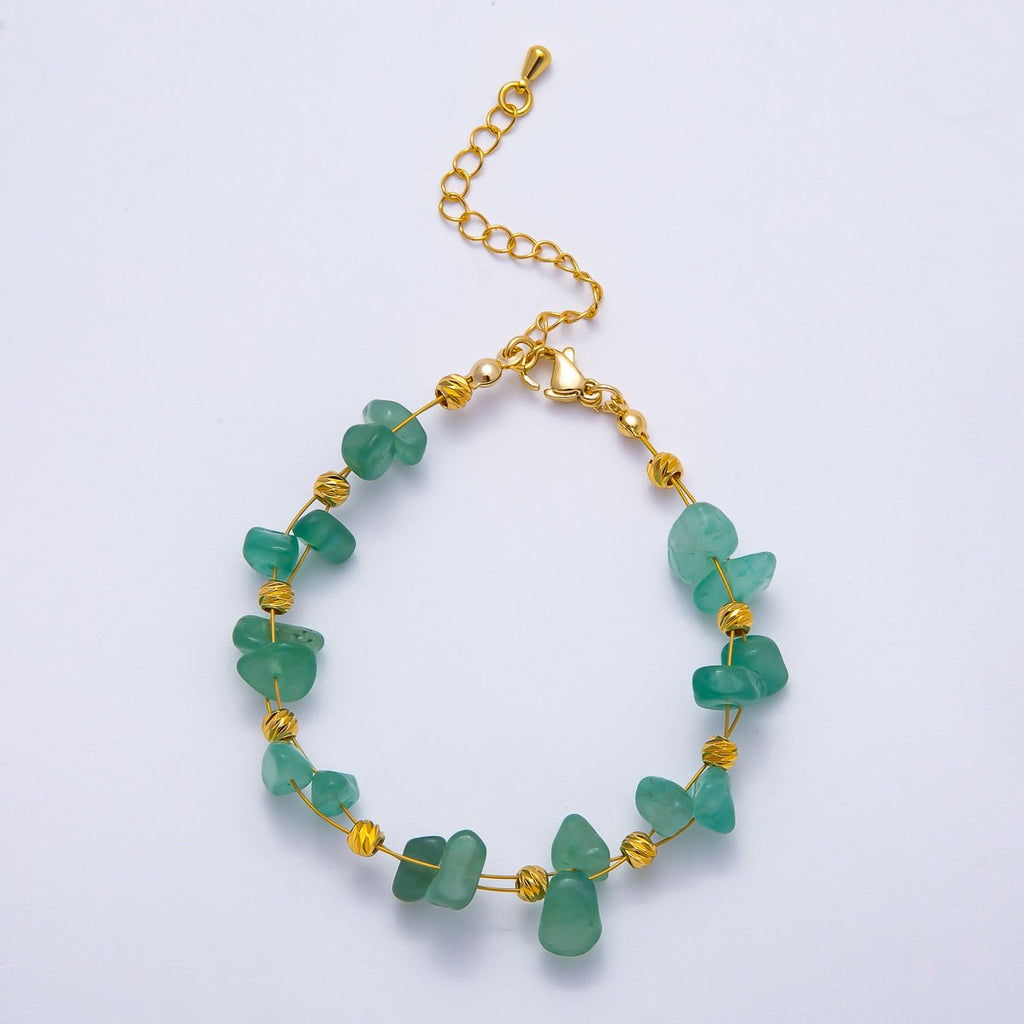 18K Gold Filled 4mm Pebble Chip Natural Gemstone Ball Bead Chain 7 Inch Bracelet w. Extender | WA-04417 ~ WA-04420