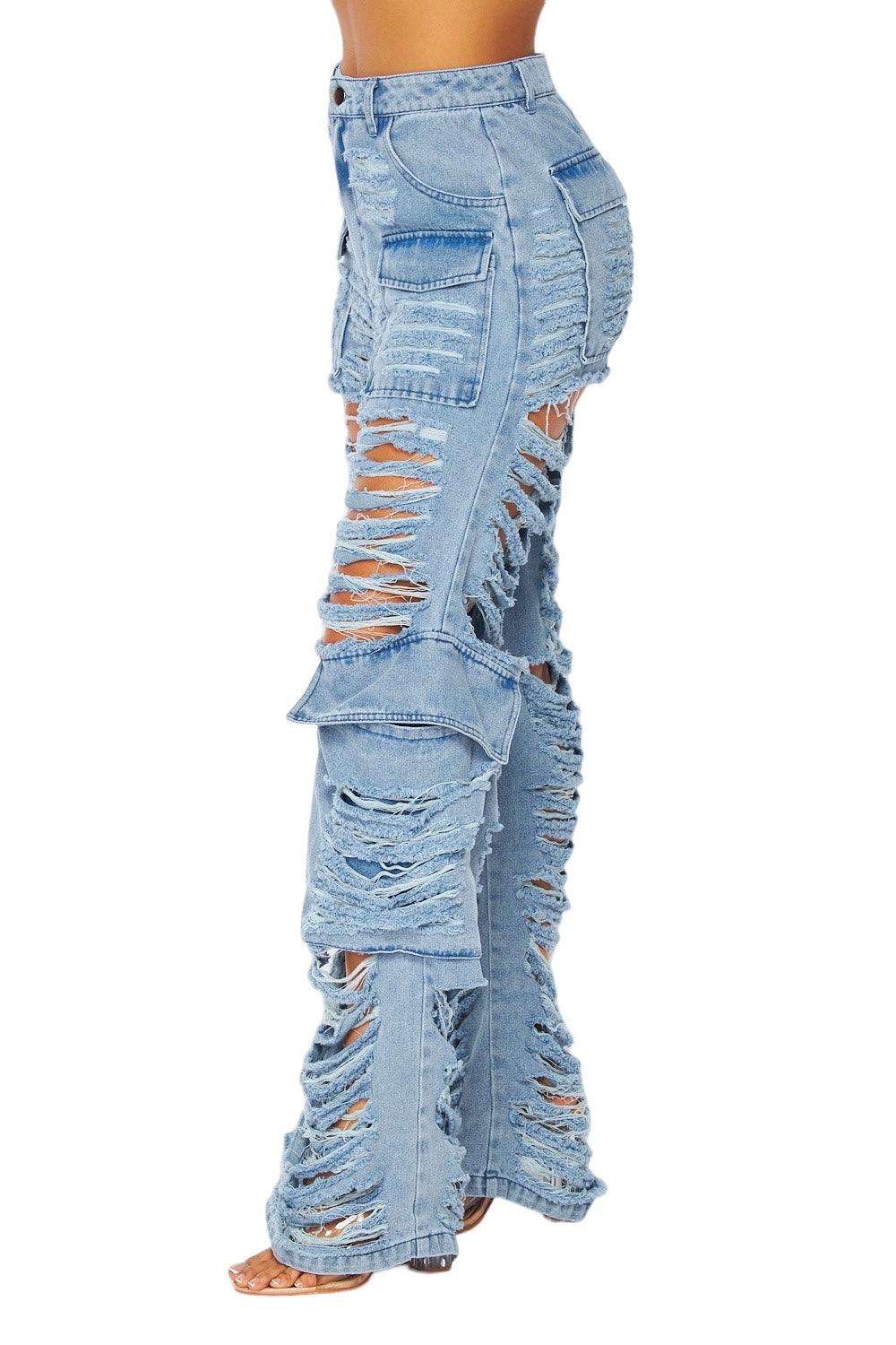 Total Distressed Denim Wide Leg Cargo Pants