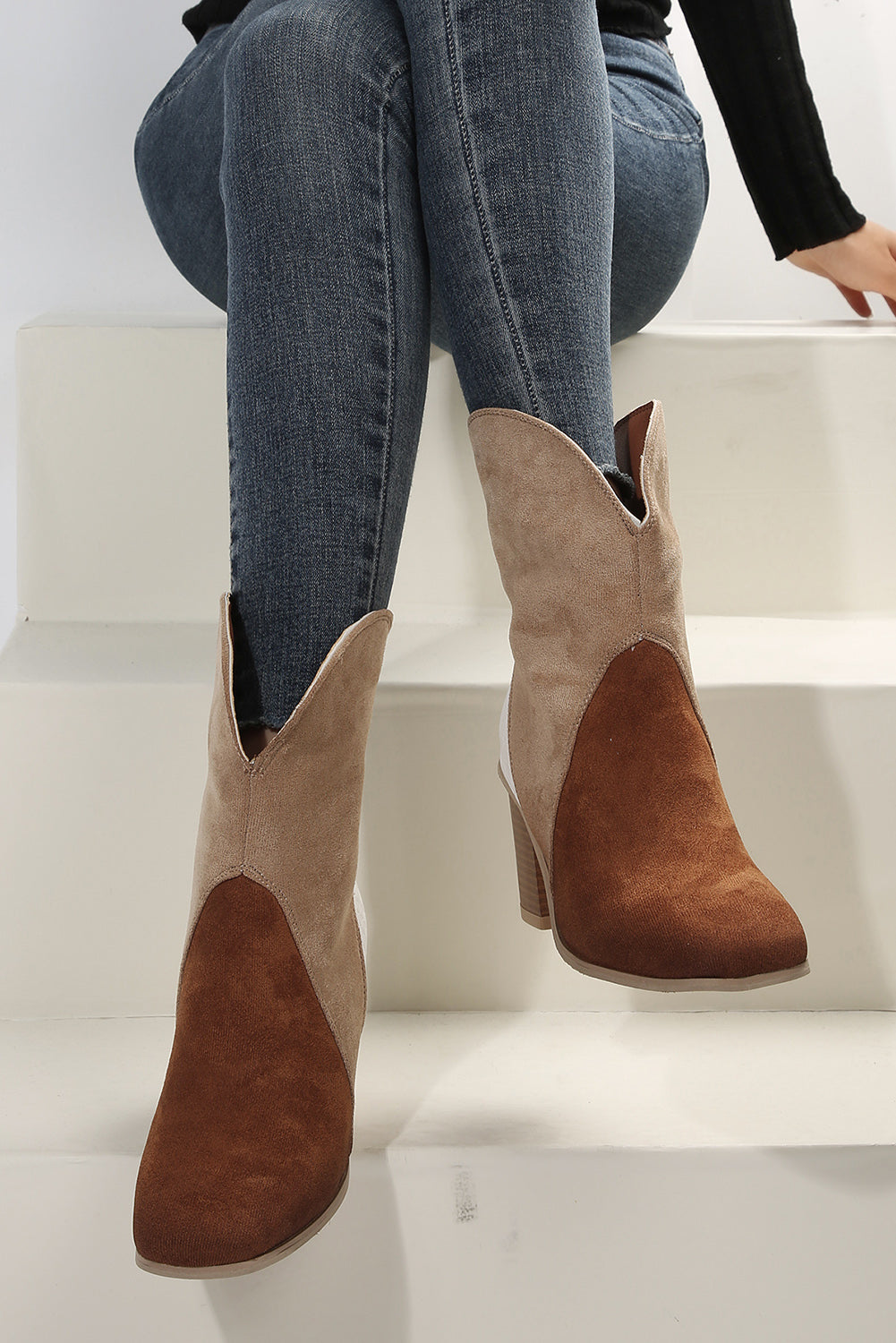 Chestnut Color Block Suede Heeled Ankle Booties