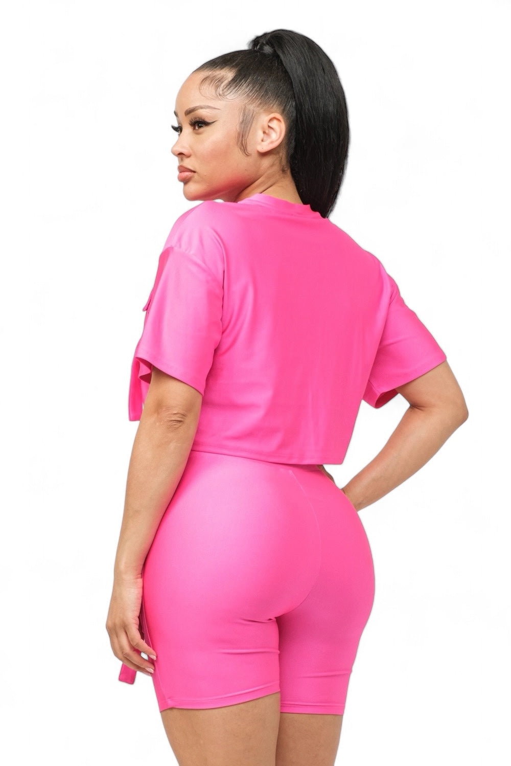 Front Pockets Detail Crop Top and Biker Shorts Set