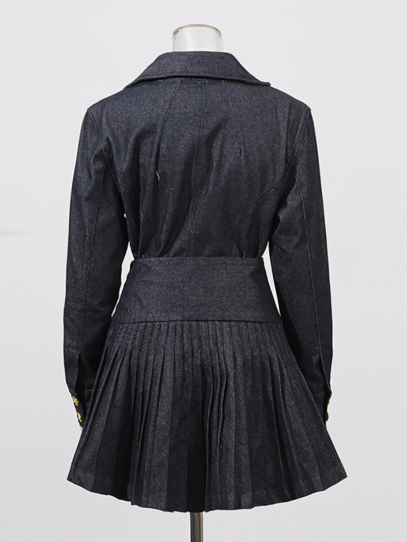 Boutique Denim Jacket Pleated Mini Skirt Set