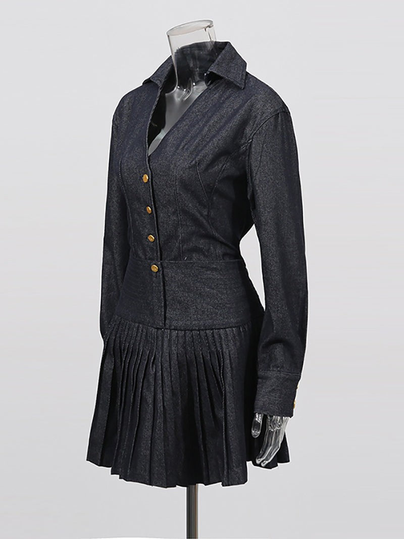 Boutique Denim Jacket Pleated Mini Skirt Set