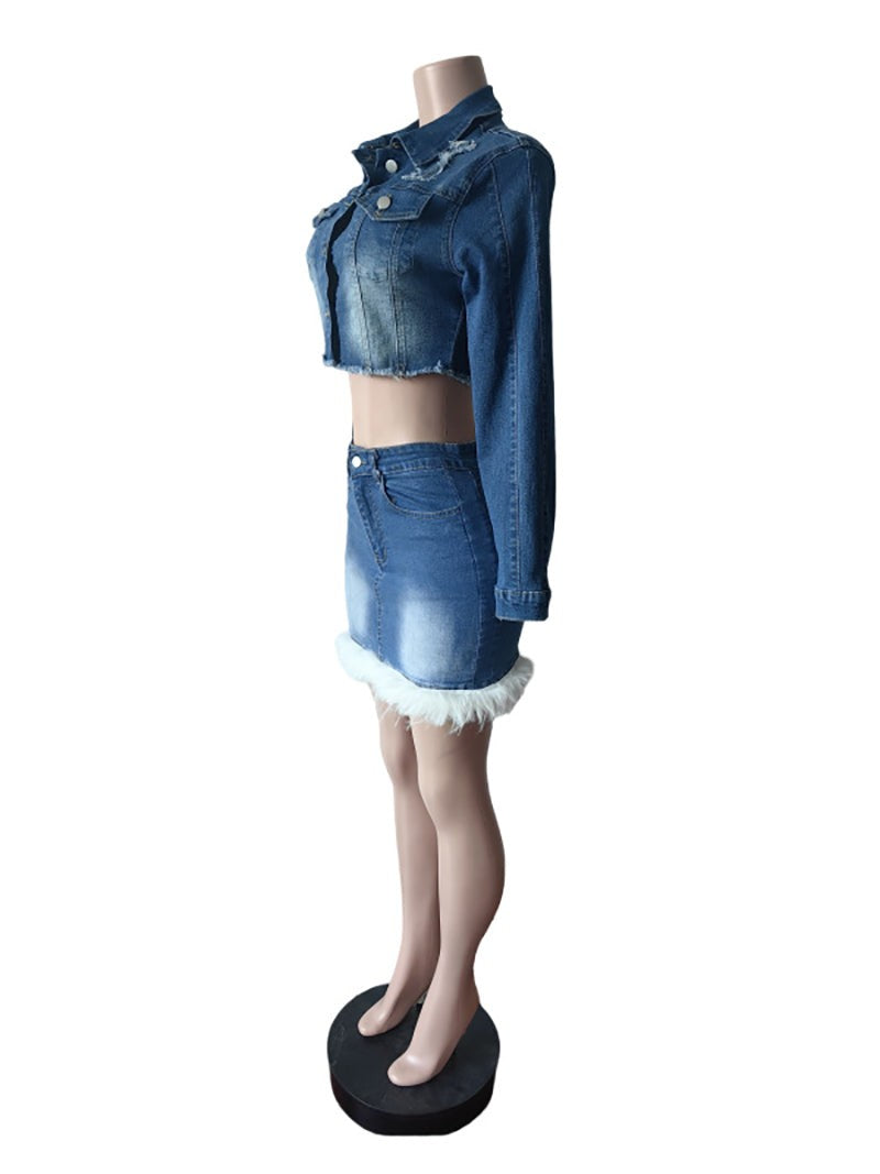 Casual Stretchy Denim Jacket And Skirt Two-piece