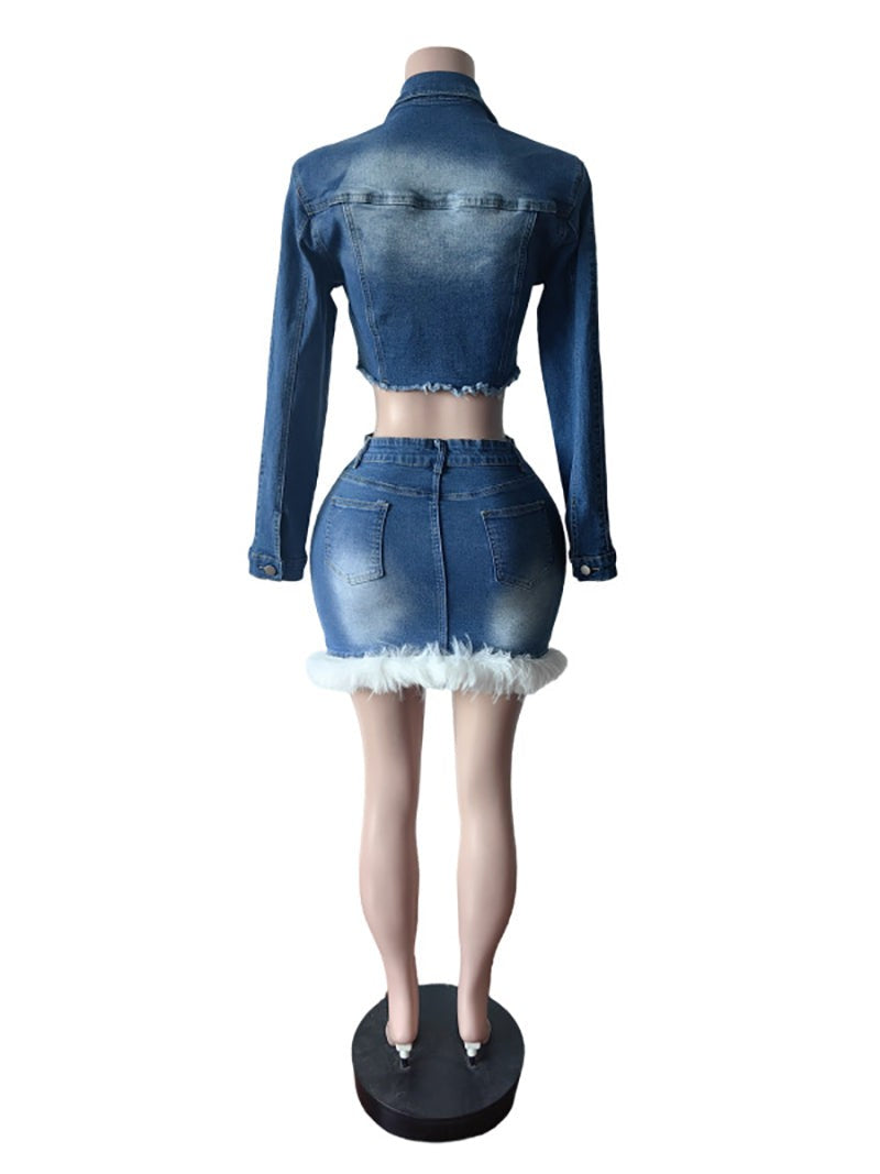 Casual Stretchy Denim Jacket And Skirt Two-piece