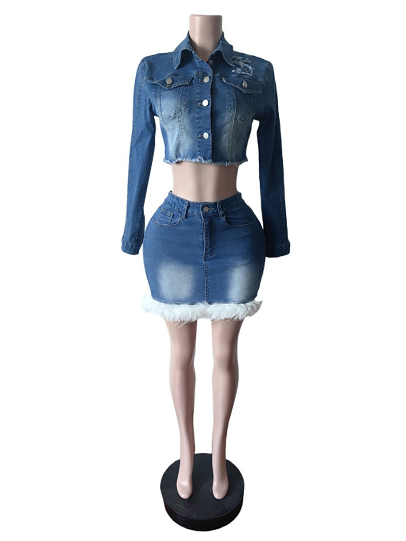 Casual Stretchy Denim Jacket And Skirt Two-piece