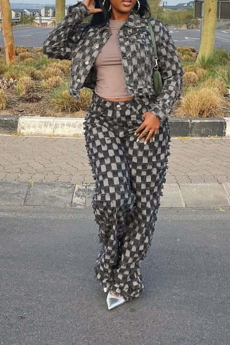 Casual Checkered Denim Jacket Baggy Jeans Set