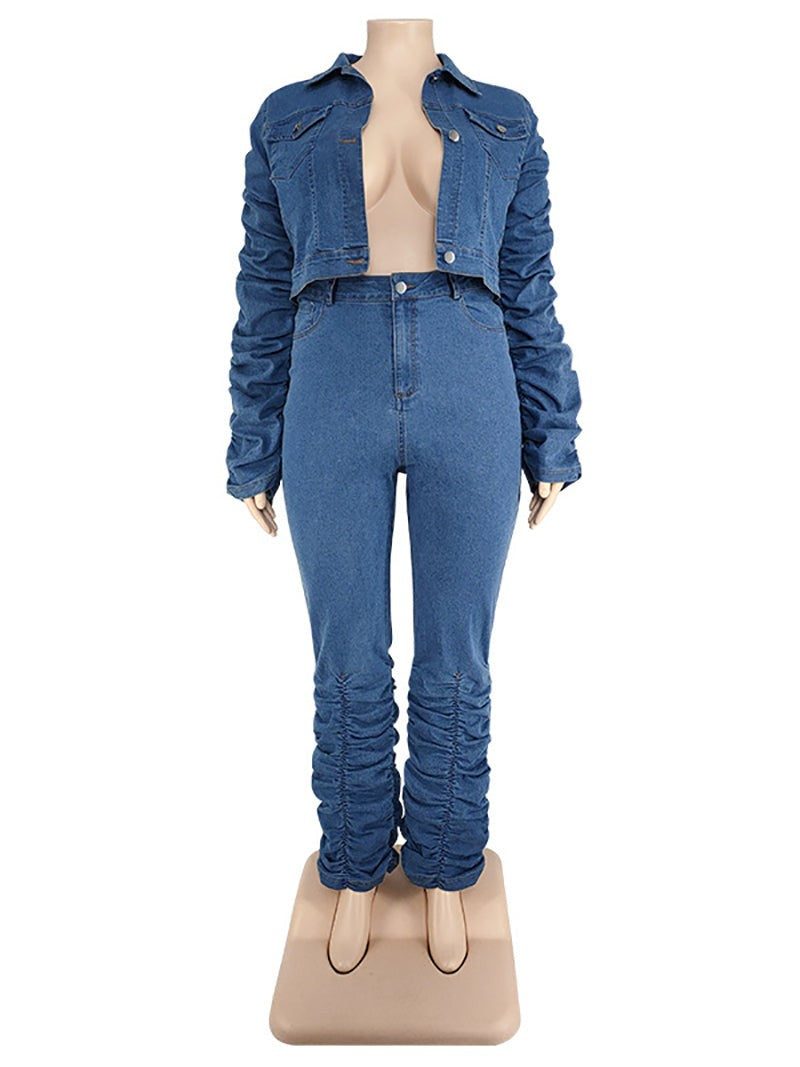 Stacked Denim Jacket And Pant Casual Set