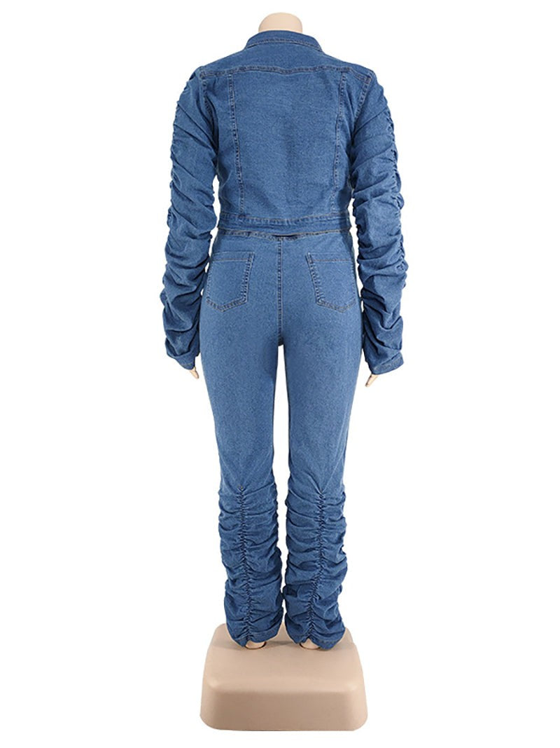 Stacked Denim Jacket And Pant Casual Set