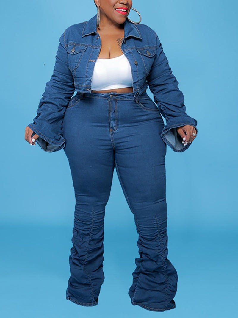 Stacked Denim Jacket And Pant Casual Set