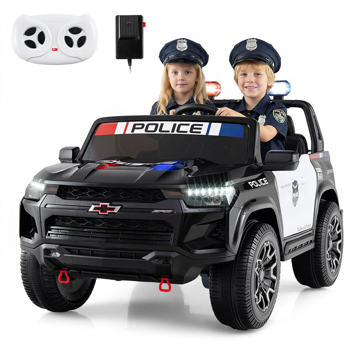 24V 2-Seater Ride on Police Car 4WD Chevrolet with Megaphone and LED Flashing Lights-Black