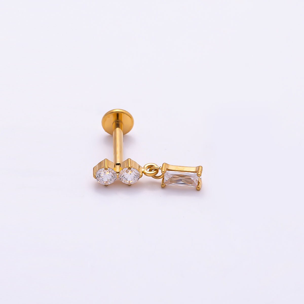 Titanium 14mm Clear CZ Round Baguette Drop Single Cartilage Piercing Flat Back Stud in Gold & Silver | BJ-00061 BJ-00062