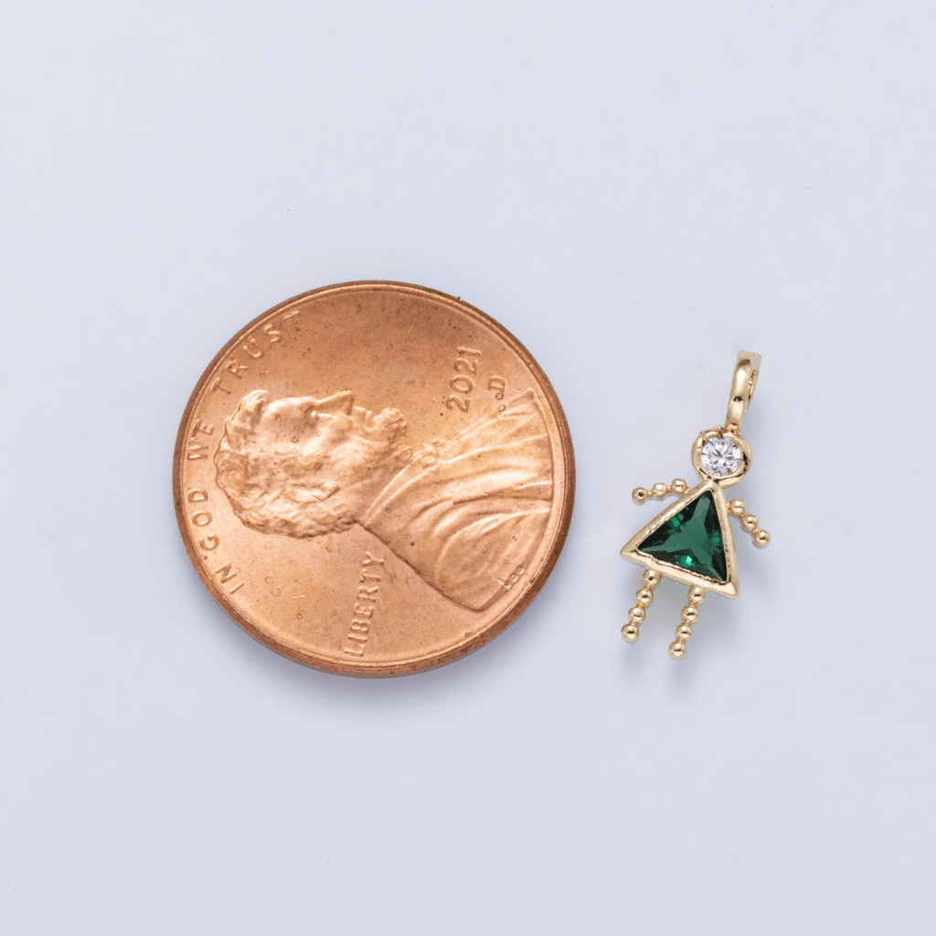 24K Gold Filled 15mm Green, Clear CZ Triangle Little Girl Silhouette Charm | Charms-01263 Charms-01264