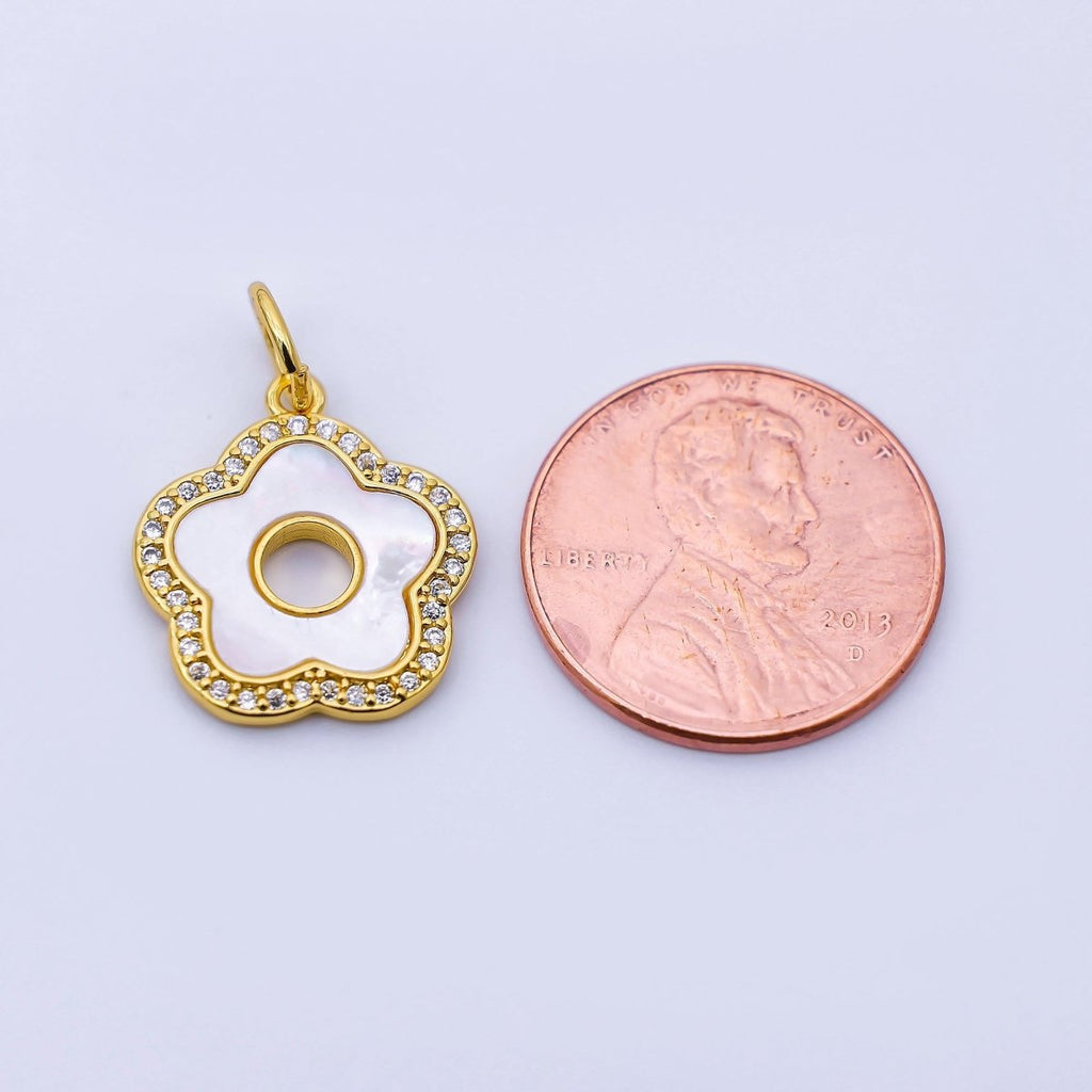 24K Gold Filled 17mm Open Shell Pearl Micro Paved CZ Flower Charm | C972