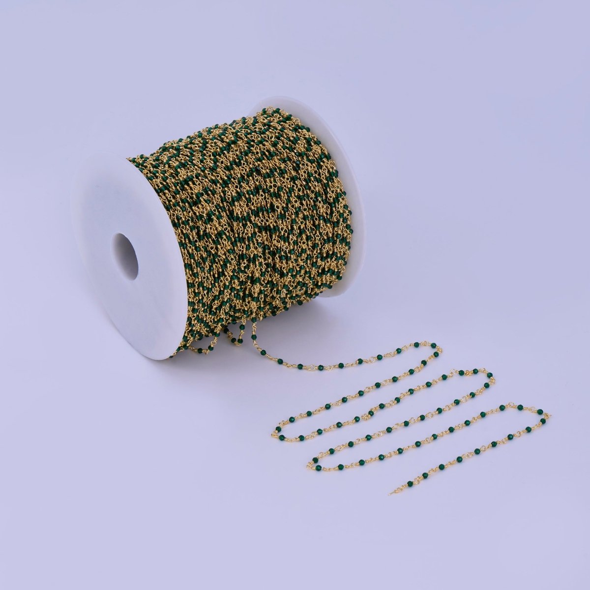24K Gold Filled 2mm Green Multifaceted Crystal Wire Link Unfinished Chain by Yard | Roll-01668