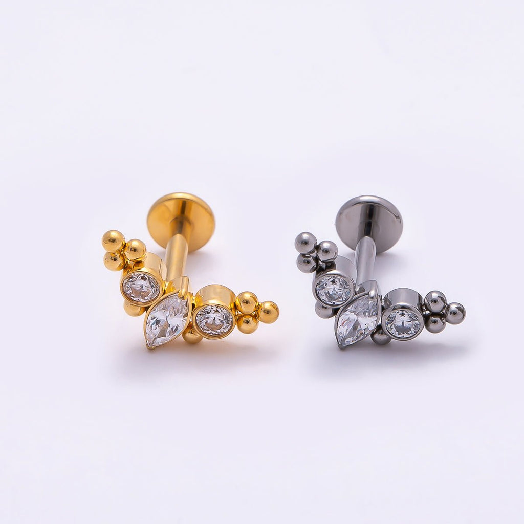 Titanium 4mm Clear CZ Marquise Round Bubble Single Cartilage Piercing Flat Back Stud in Gold & Silver | BJ-00057 BJ-00058