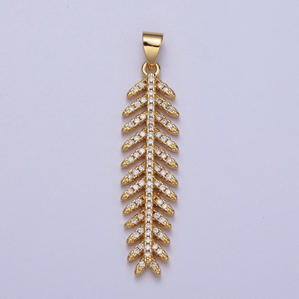 24K Gold Filled 40mm Micro Paved CZ Long Majesty Palm Leaf  Pendant | I315