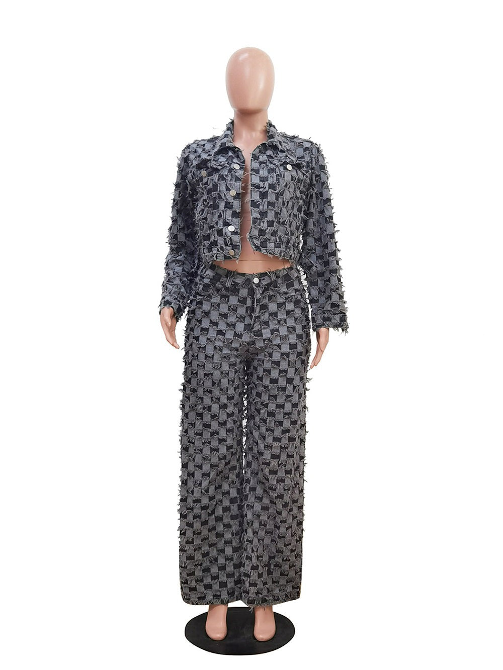 Casual Checkered Denim Jacket Baggy Jeans Set