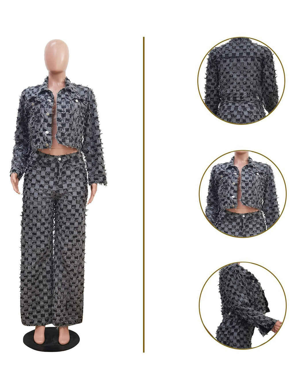 Casual Checkered Denim Jacket Baggy Jeans Set