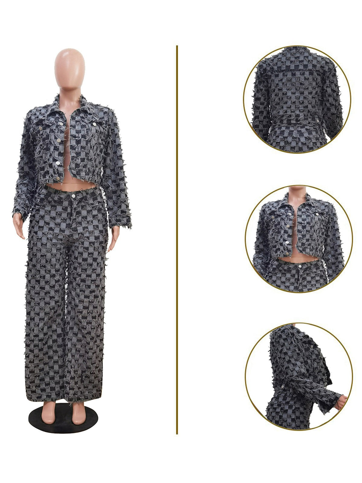 Casual Checkered Denim Jacket Baggy Jeans Set