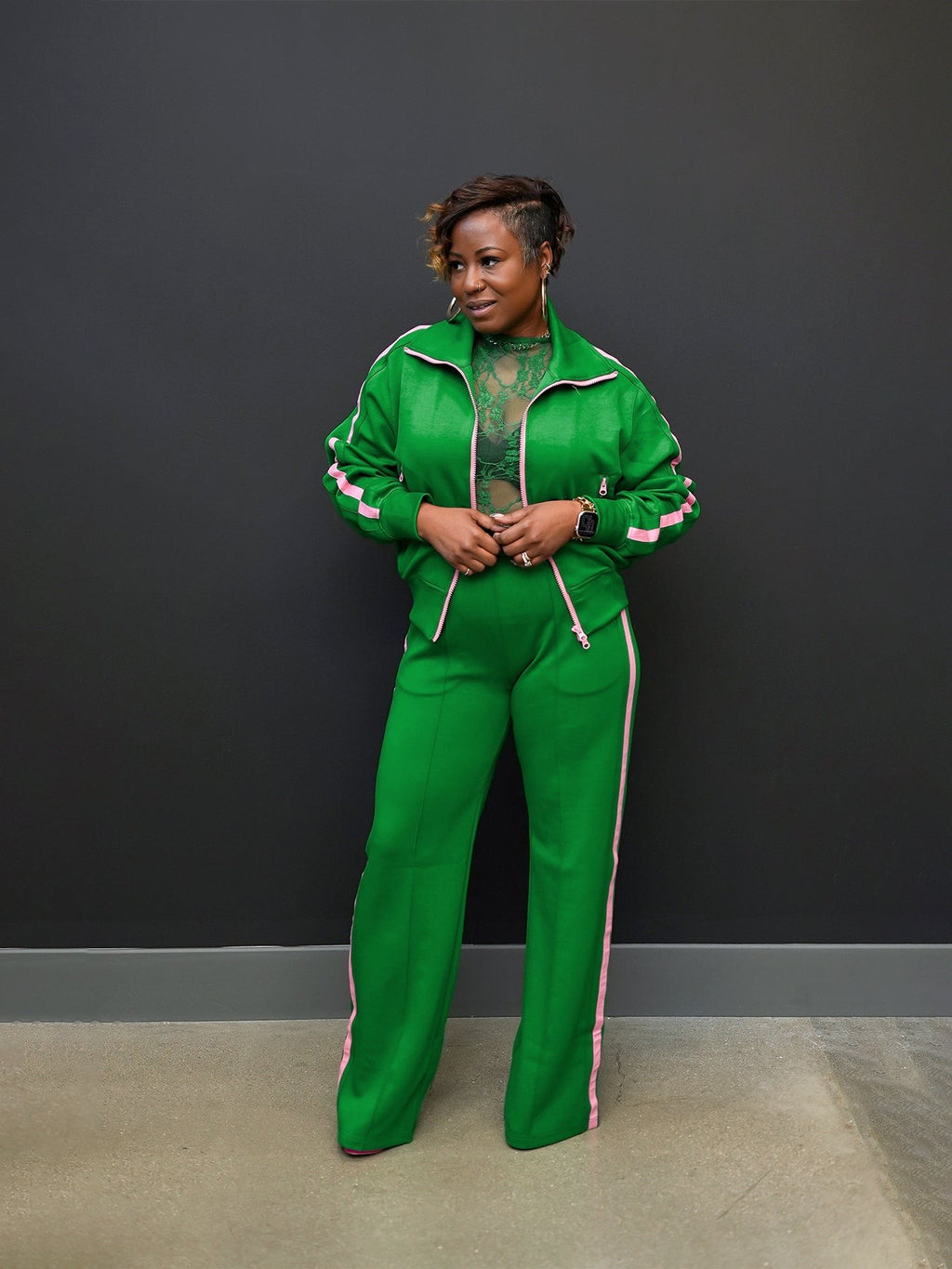 Color Block Zip Top And Wide Leg Pants Set