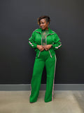 Color Block Zip Top And Wide Leg Pants Set