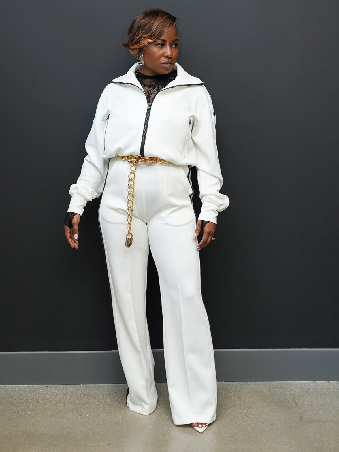 Color Block Zip Top And Wide Leg Pants Set