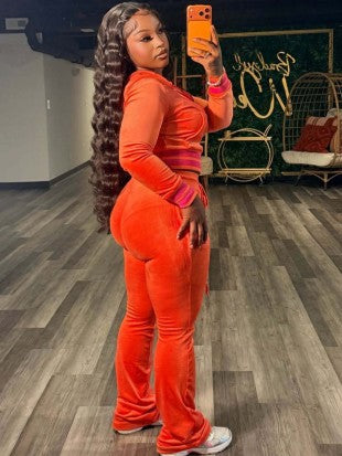 Velvet Stripe Trim Zip Jacket And Flared Pants Set