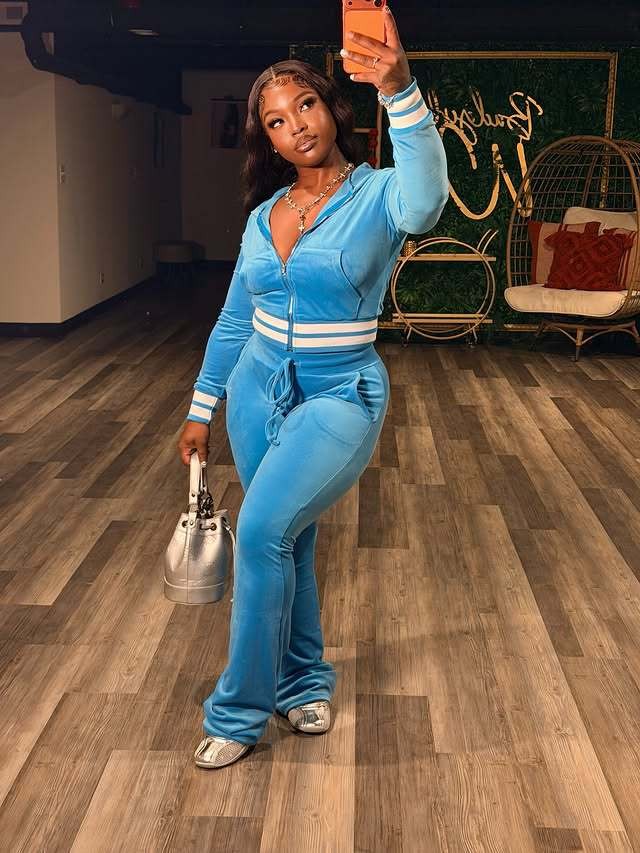 Velvet Stripe Trim Zip Jacket And Flared Pants Set
