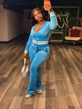 Velvet Stripe Trim Zip Jacket And Flared Pants Set