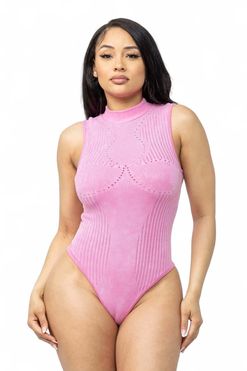 Washed Seamless Solid Mock Neck Basic Bodysuit