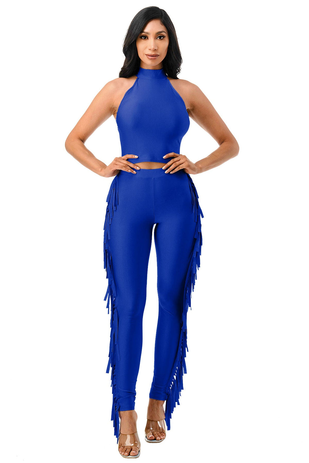 Mock Neck Sleeveless Crop Top & Side Fringe Pants Set