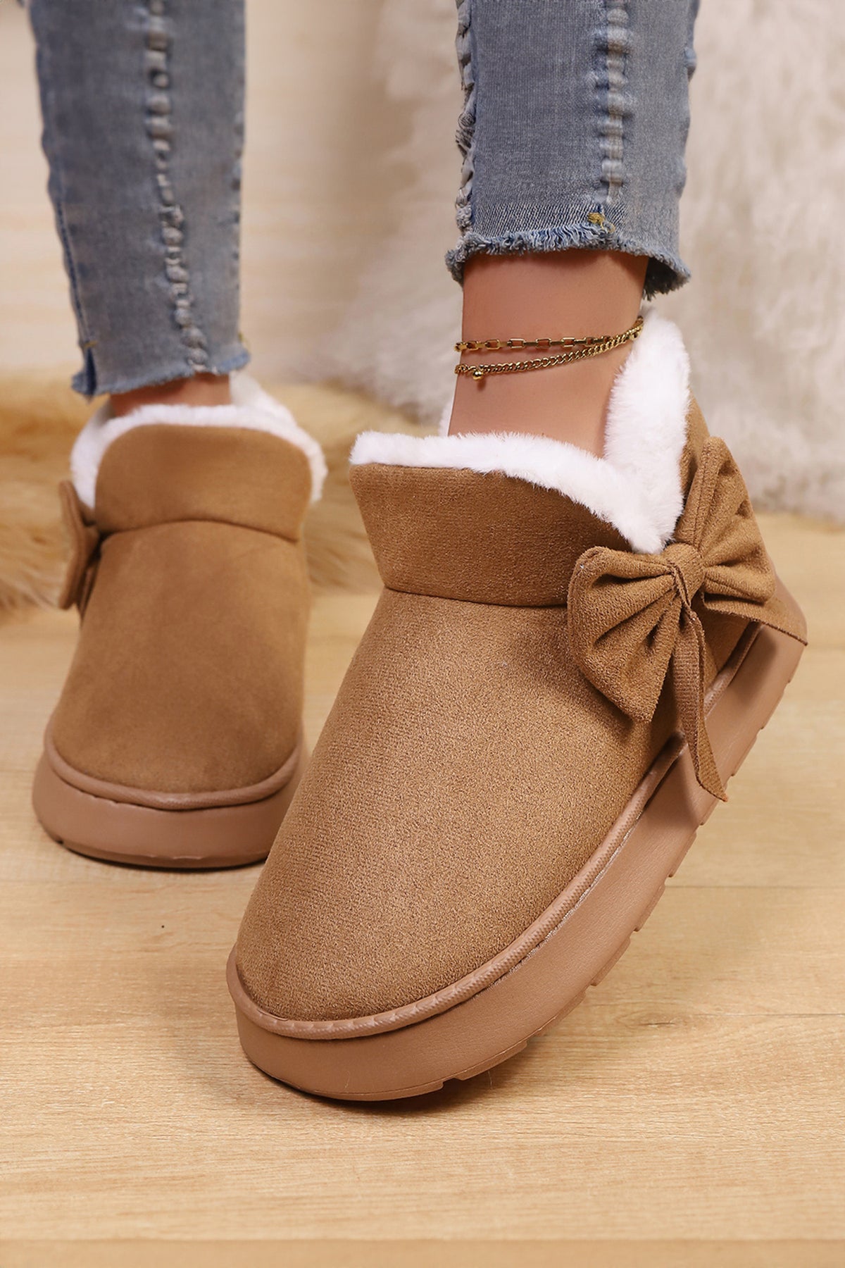 Faux Suede Bow Decor Plush Lining Snow Booties