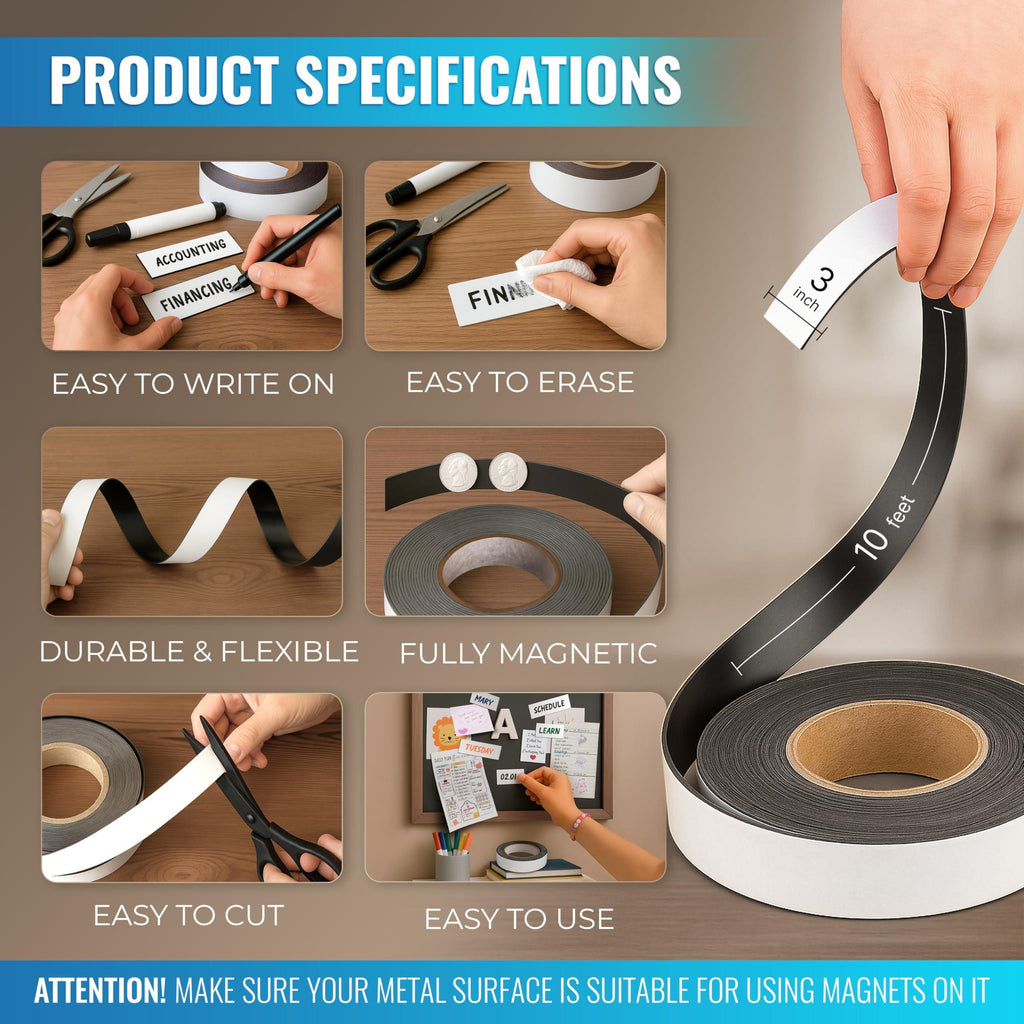 Magnetic Dry Erase Tape 10 Ft x 3 Inch White Magnetic Strip Blank Magnets to Write On Dry Erase Strips Magnet Tape Roll Custom Writable Flexible Tape for Whiteboards Shelves Bus Seats Lockers