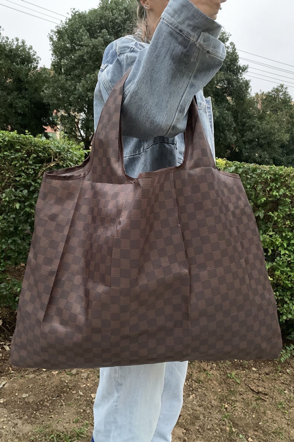 Trendy Checkered Pattern Large Portable Tote Bag
