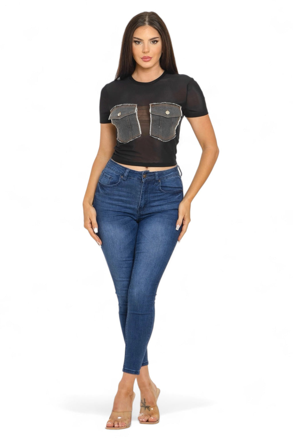 Mesh Front Denim Distressed Button Pockets Top {See Thru}