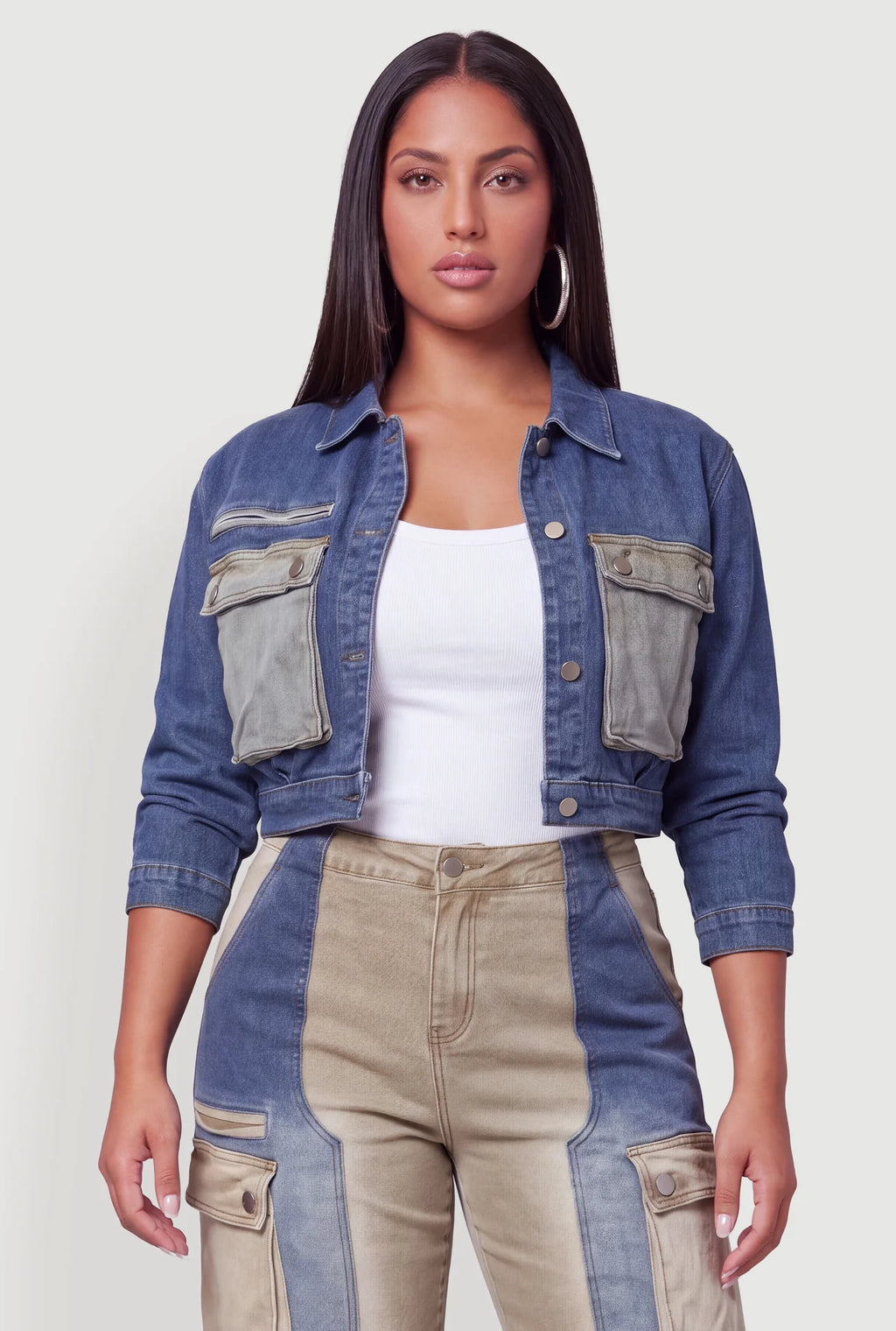 Color Blocked Utility Cropped Denim Jacket - Denim