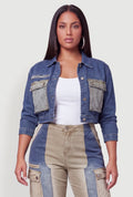 Color Blocked Utility Cropped Denim Jacket - Denim