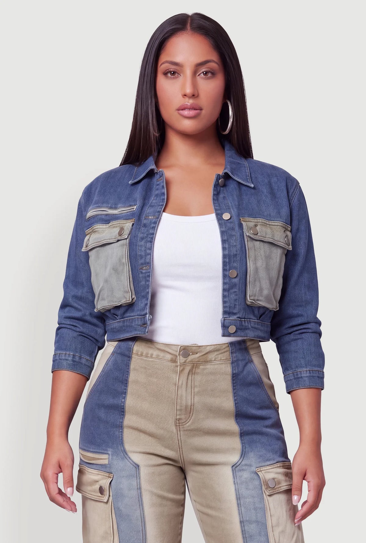 Color Blocked Utility Cropped Denim Jacket - Denim