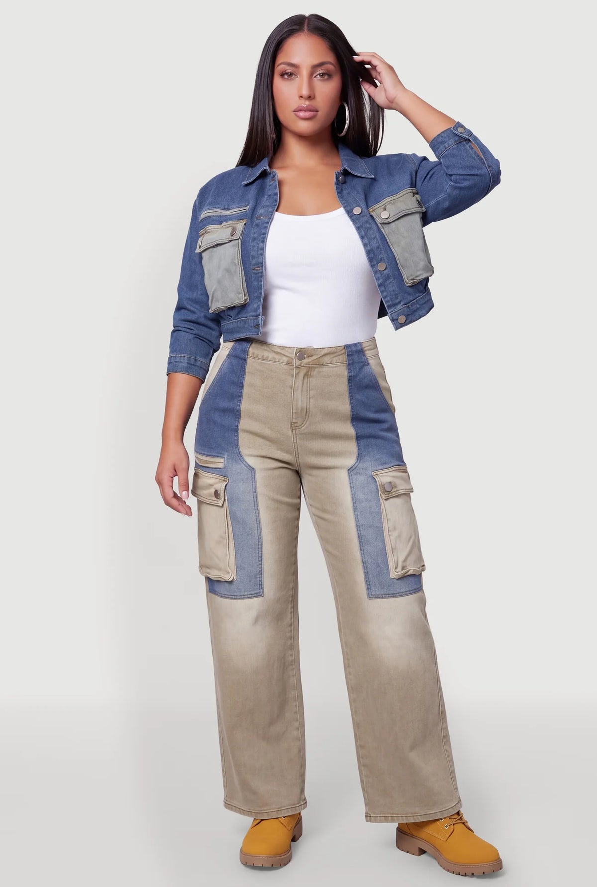 Color Blocked Utility Cropped Denim Jacket - Denim