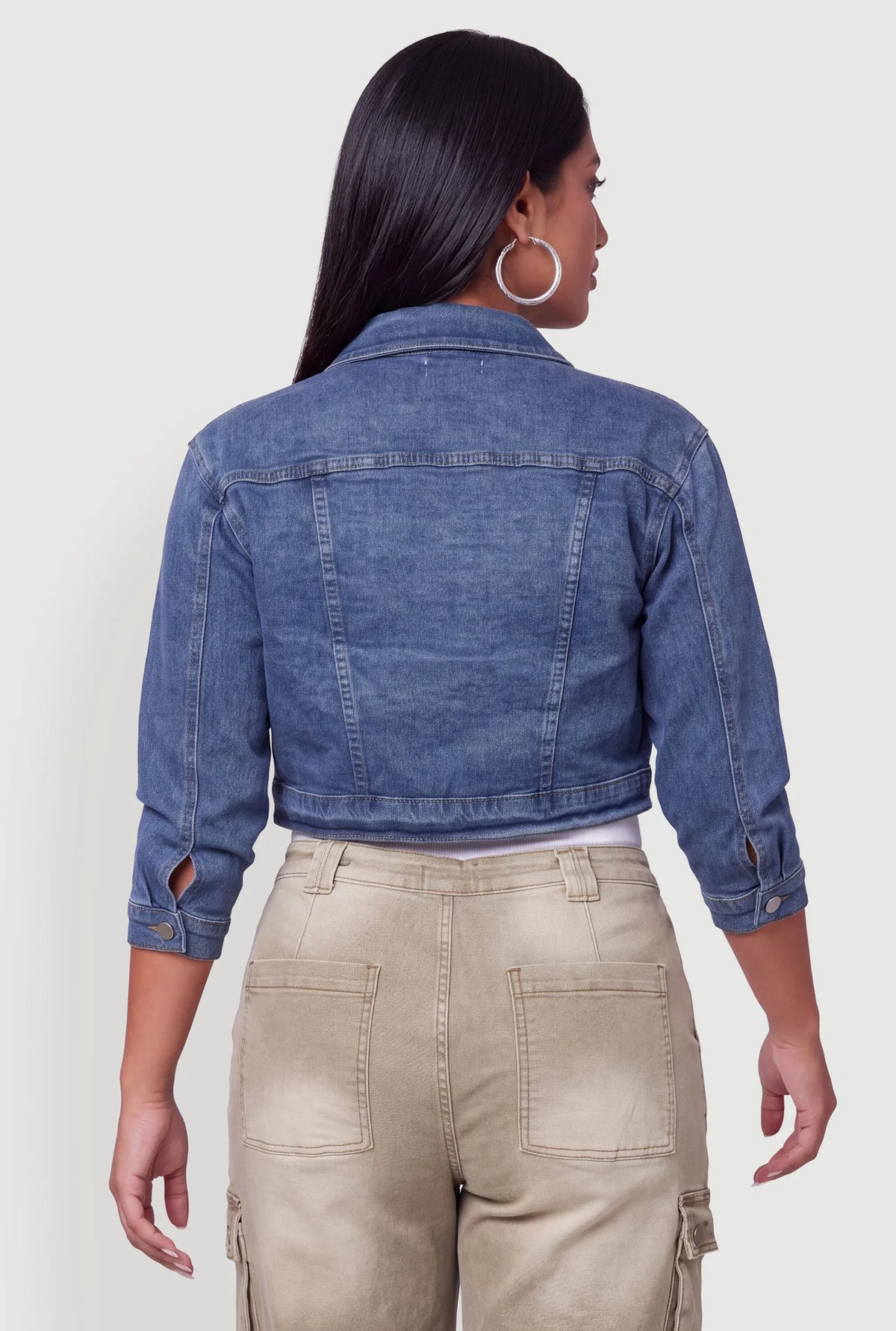 Color Blocked Utility Cropped Denim Jacket - Denim