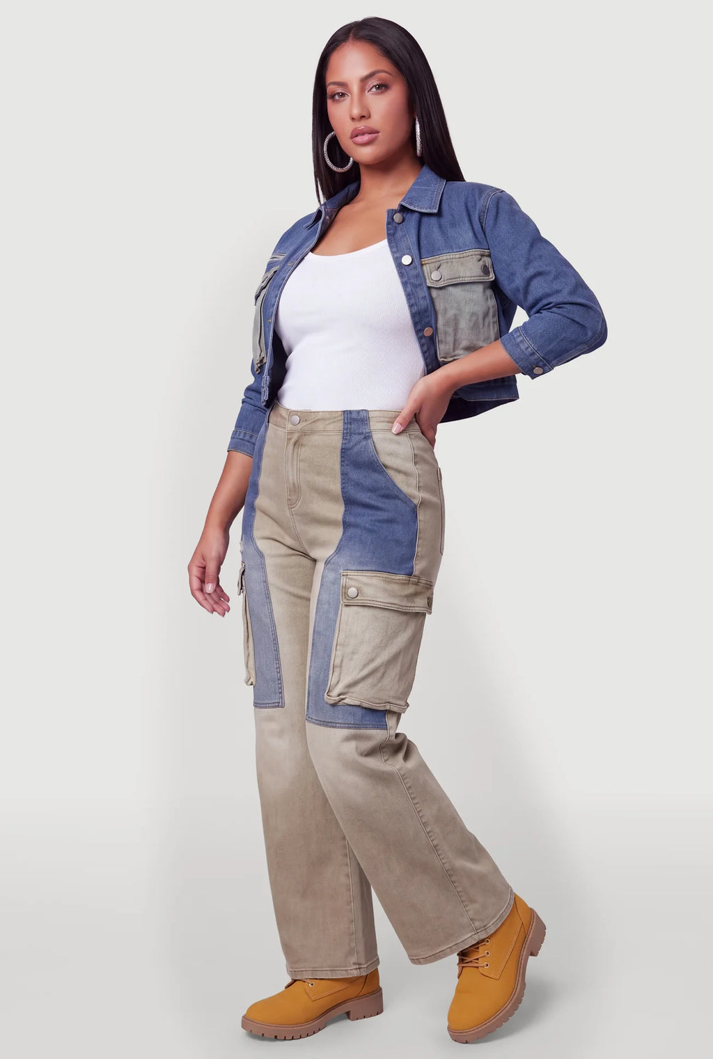 Color Blocked Utility Cargo Jeans - Khaki