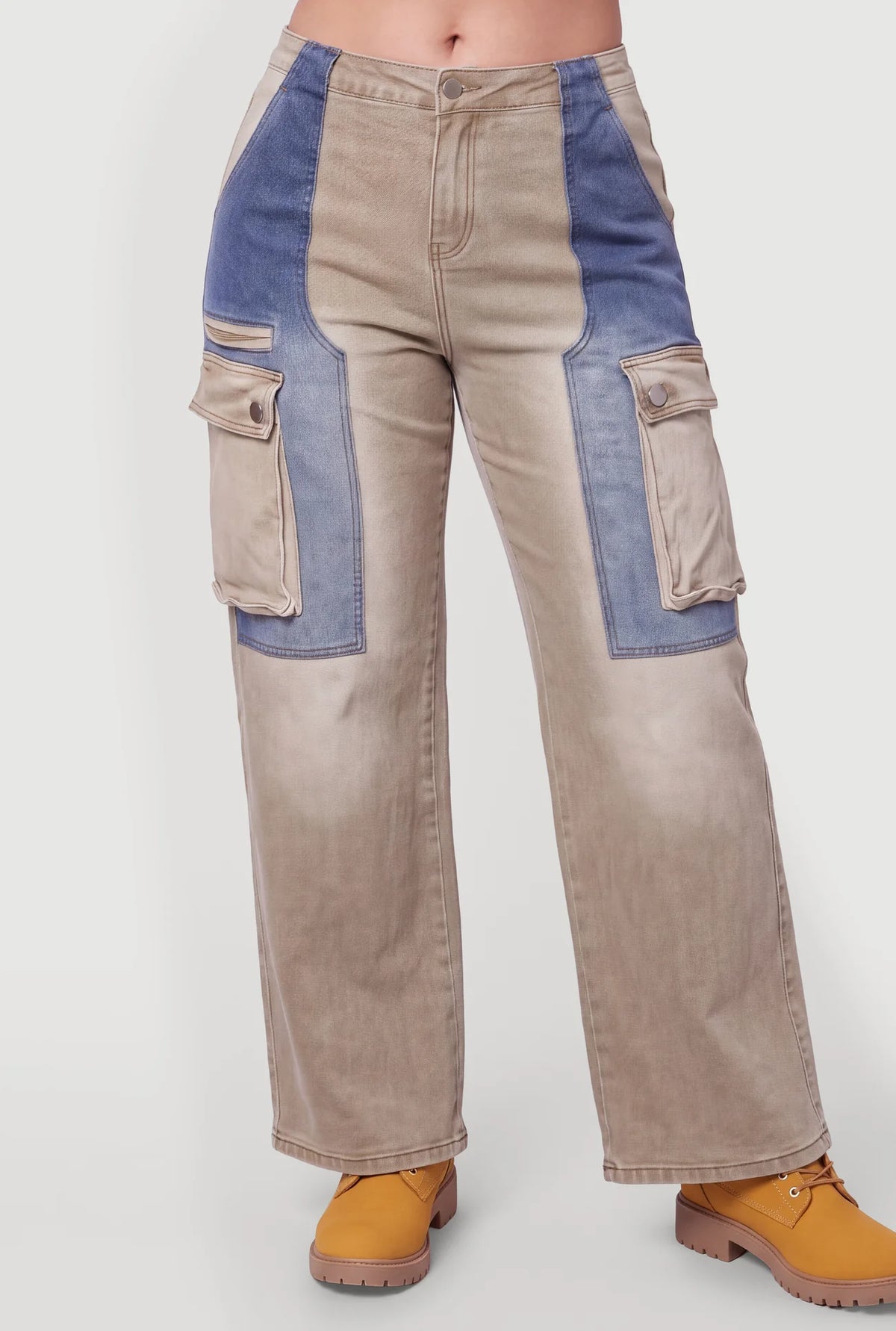 Color Blocked Utility Cargo Jeans - Khaki