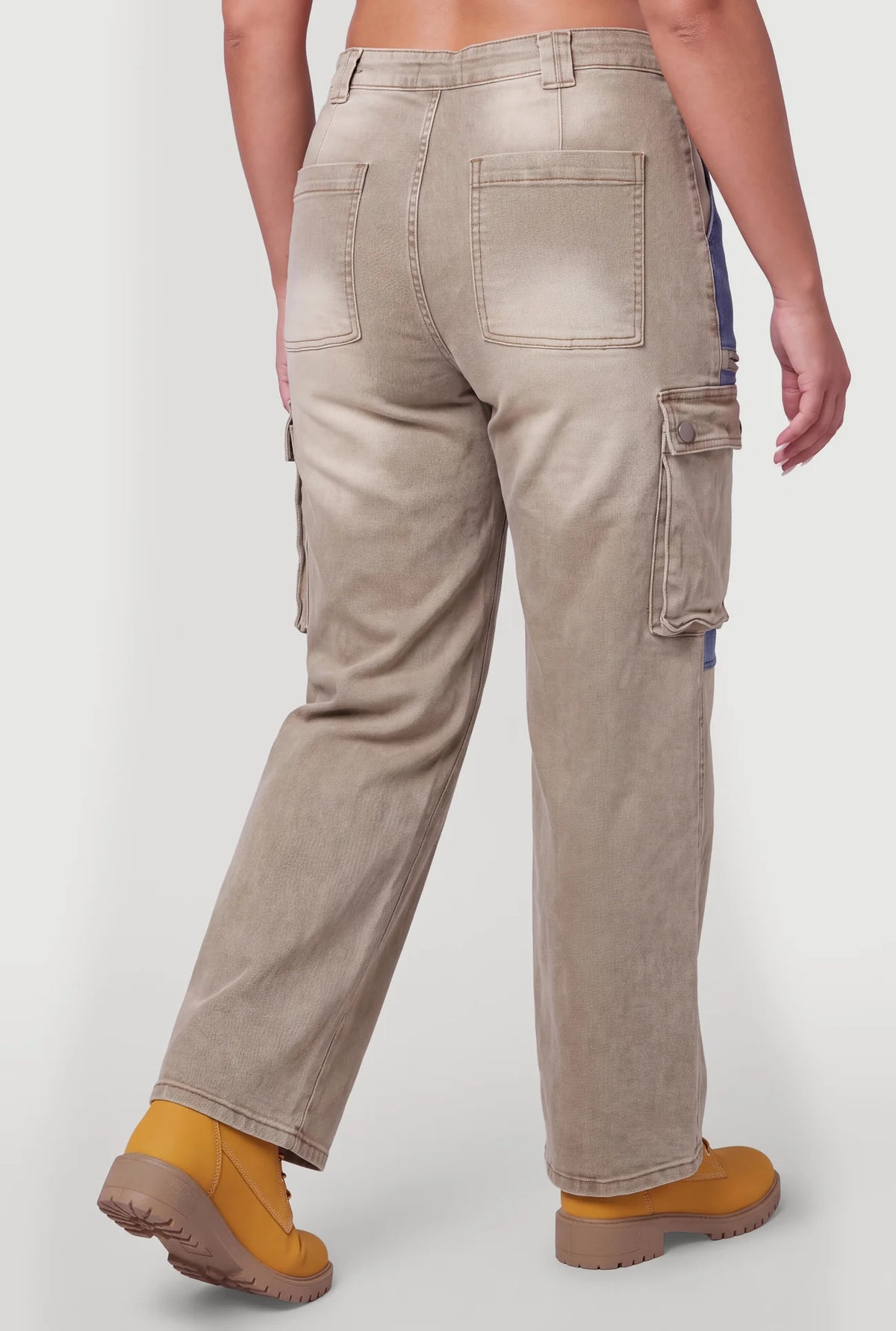 Color Blocked Utility Cargo Jeans - Khaki