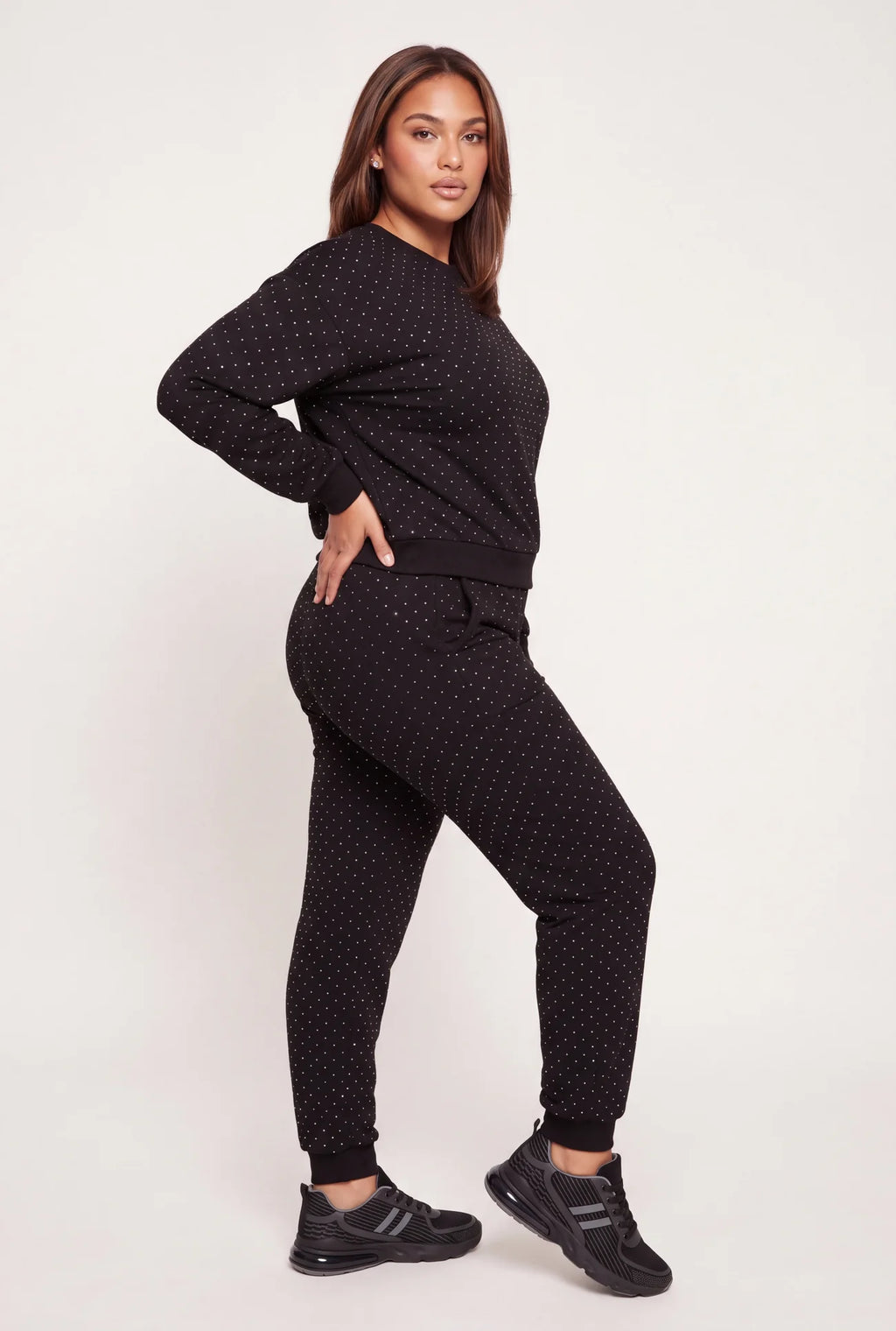 High Waisted Fleece Joggers with Rhinestones - Black