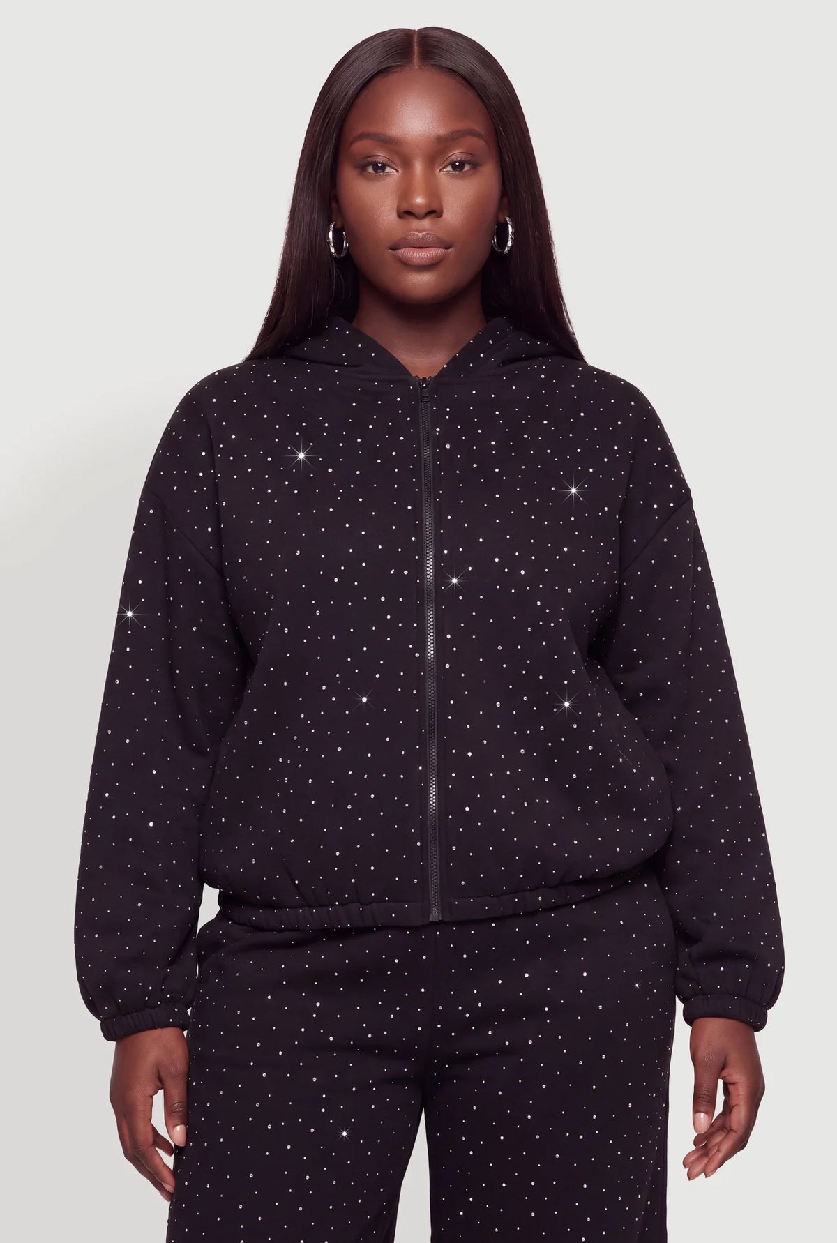 Rhinestone Studded Zip Front Hooded Sweatshirt