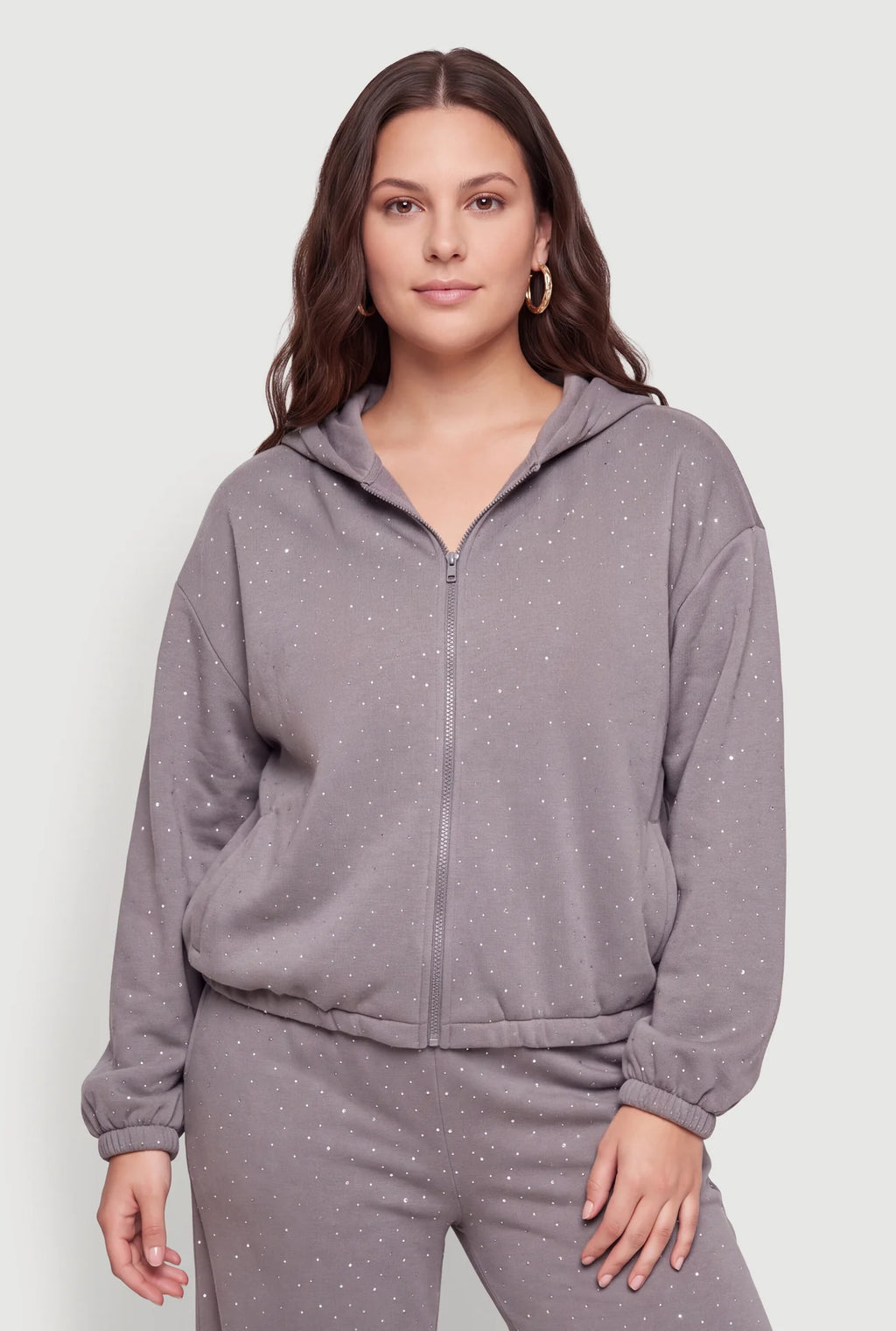 Rhinestone Studded Zip Front Hooded Sweatshirt