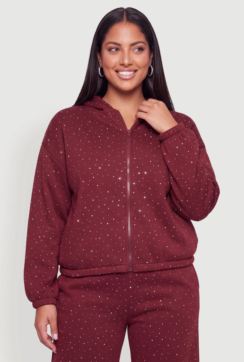 Rhinestone Studded Zip Front Hooded Sweatshirt