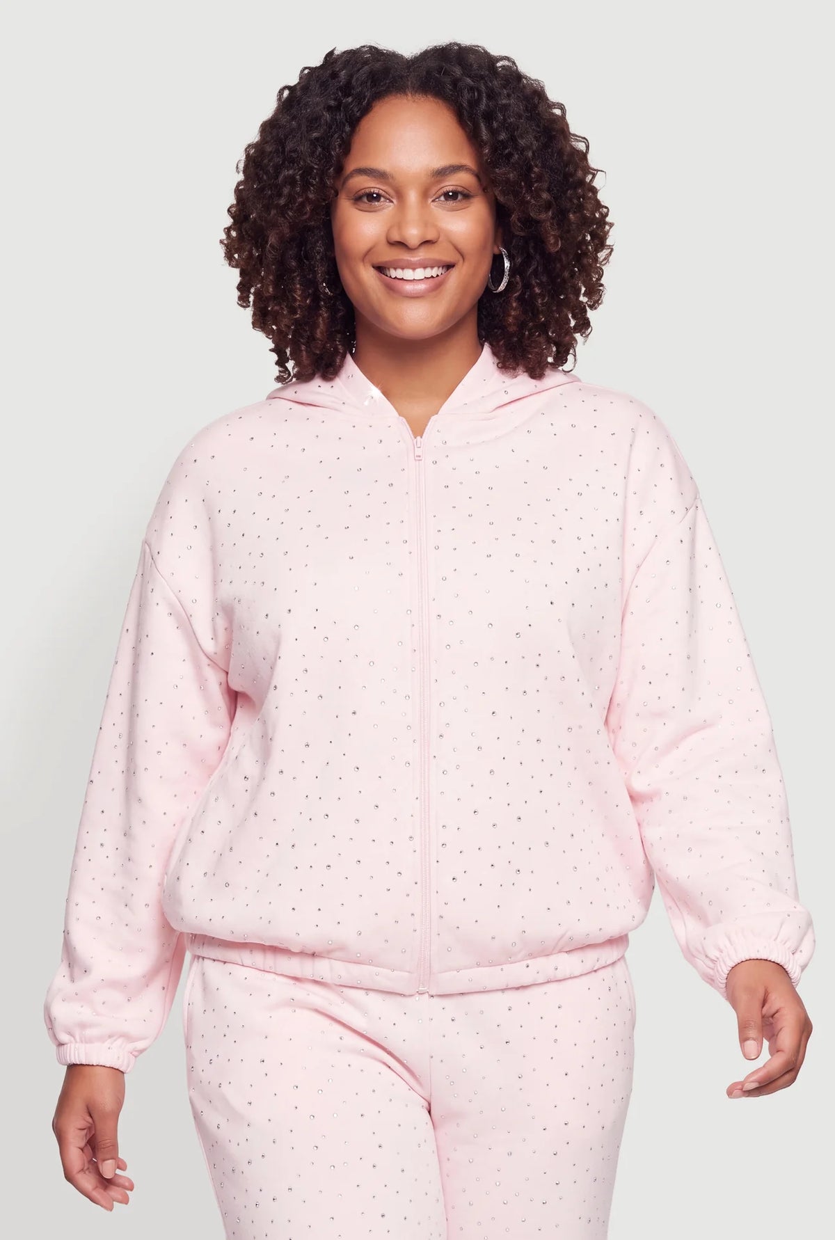 Rhinestone Studded Zip Front Hooded Sweatshirt